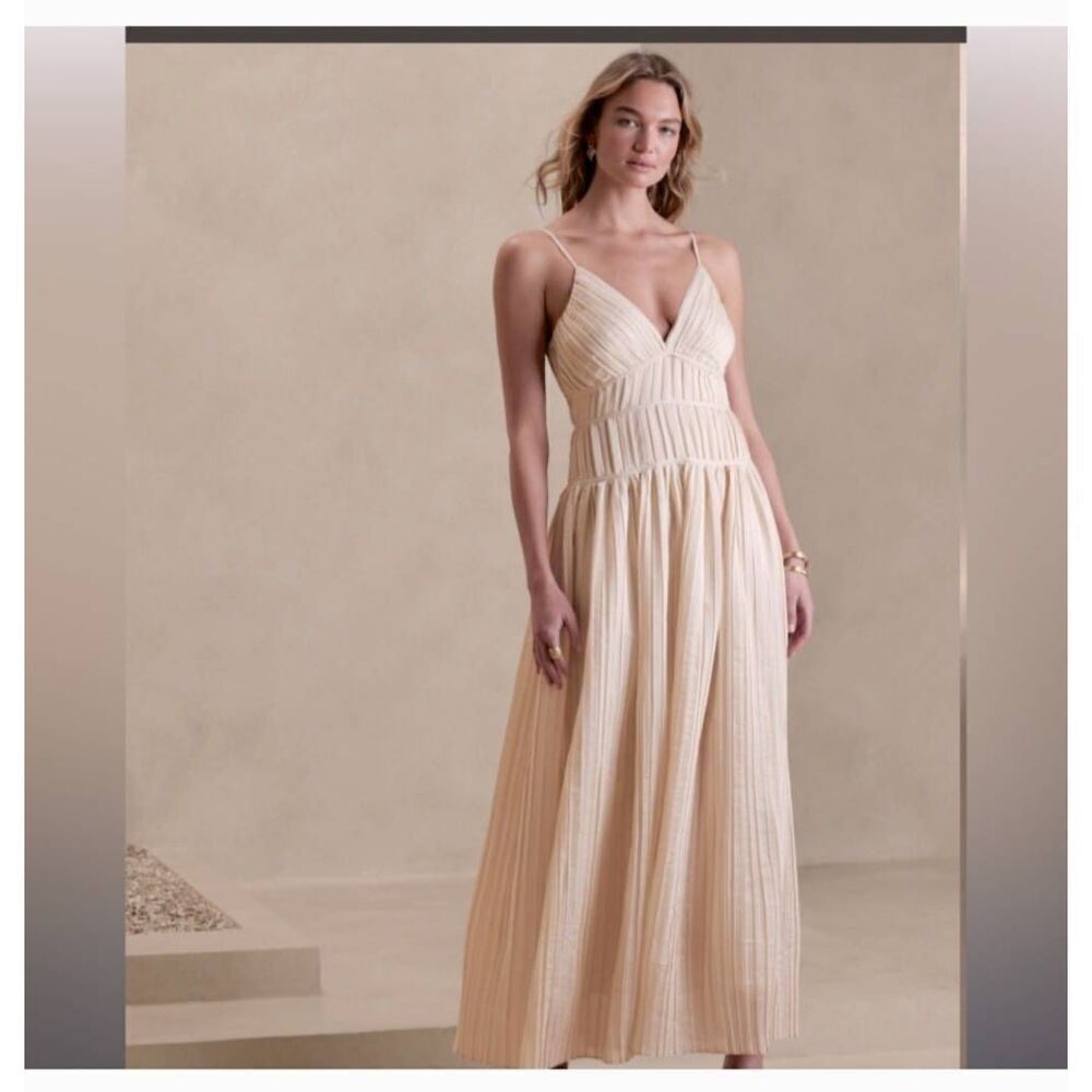 Banana Republic JACQUI Pleated Maxi Dress in Ivory, Spaghetti Strap, 14, NWOT